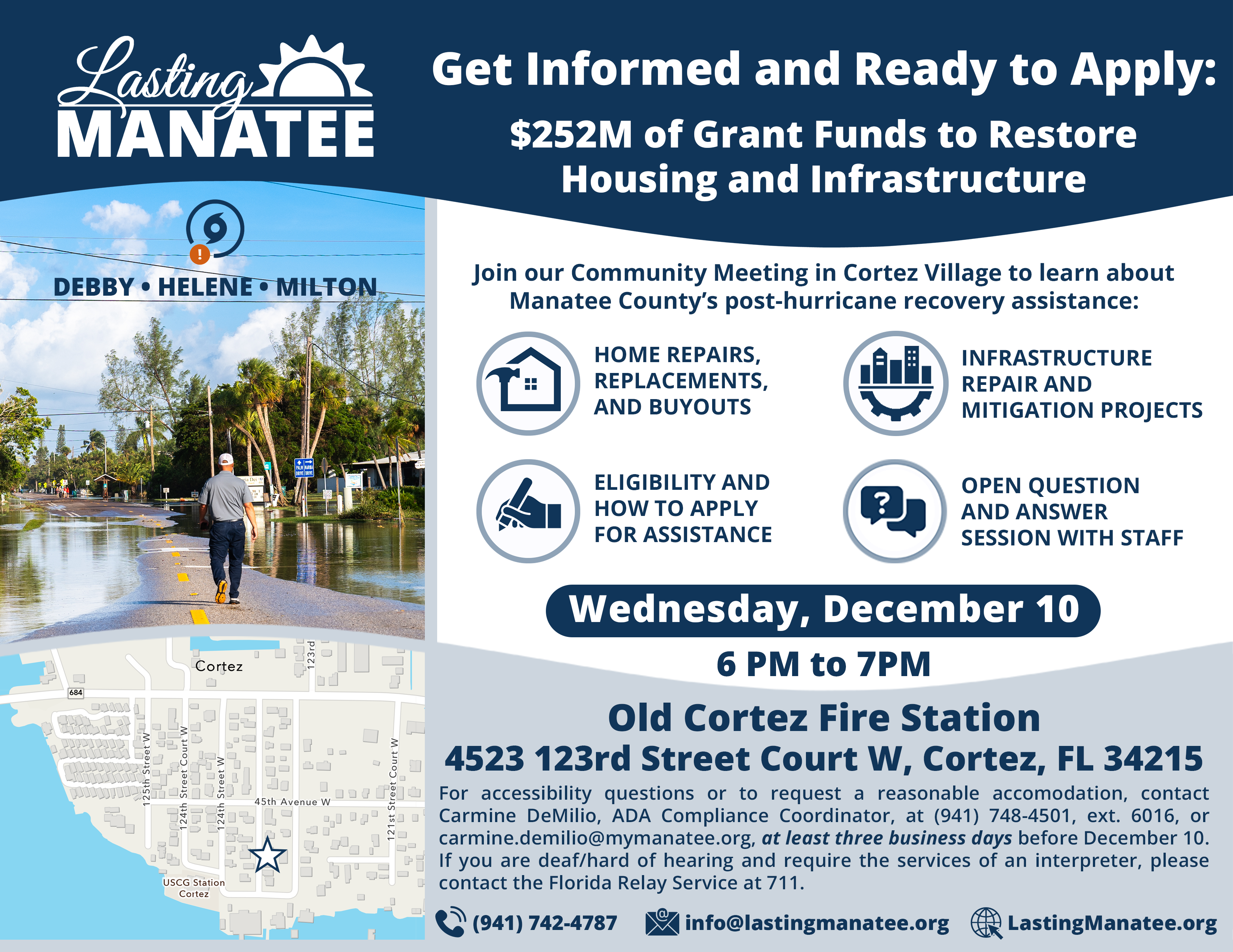Flyer for Lasting Manatee’s Cortez Village meeting on $252M in hurricane recovery grants. Topics: housing, infrastructure, eligibility, and Q&A. Dec 10, 6–7 PM at Old Cortez Fire Station. Accessibility and contact info included.