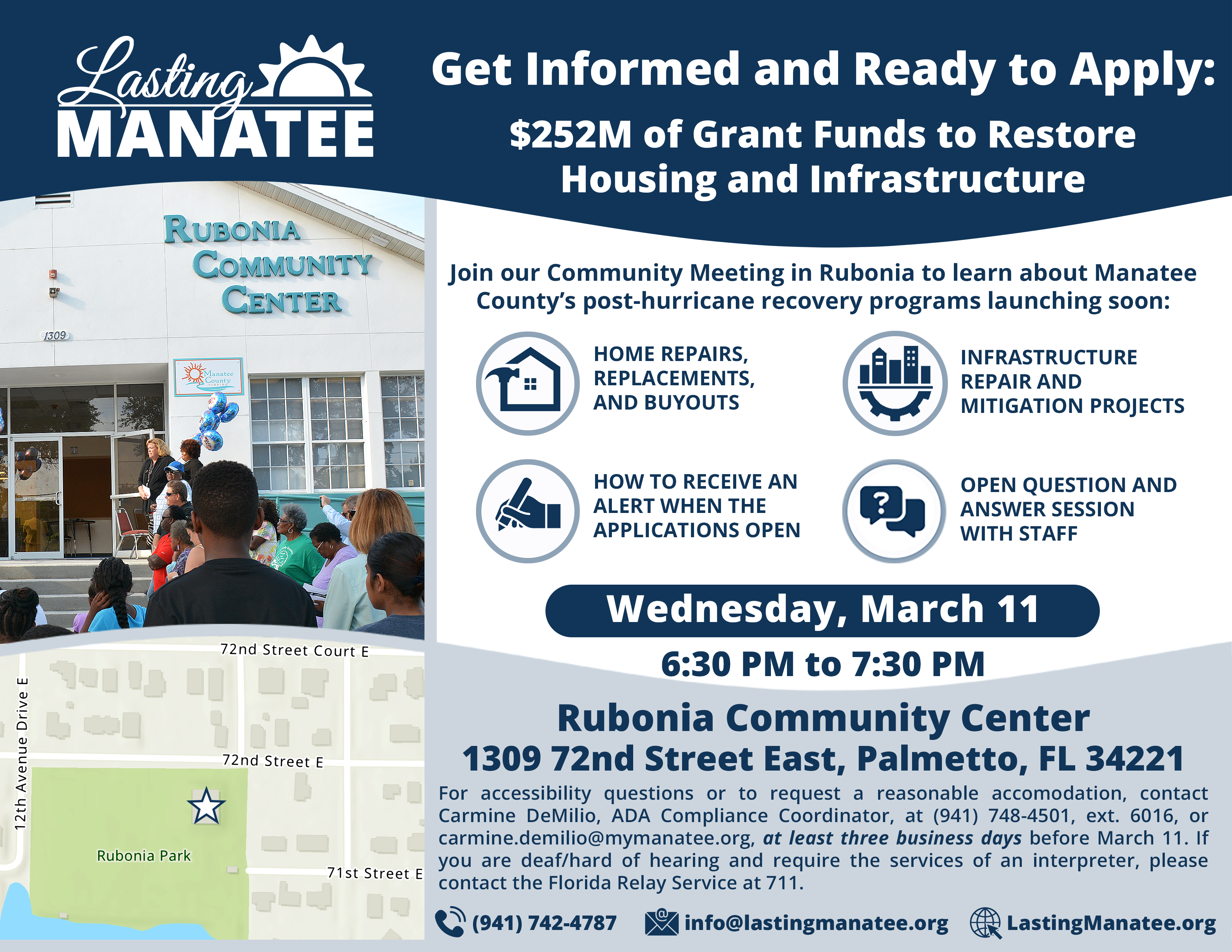 Promotional flyer for Lasting Manatee, announcing a community meeting about post-hurricane repair and infrastructure funding at Rubonia Community Center on March 11th from 6:30 PM to 7:30 PM. Contact information and an image of the center is included.