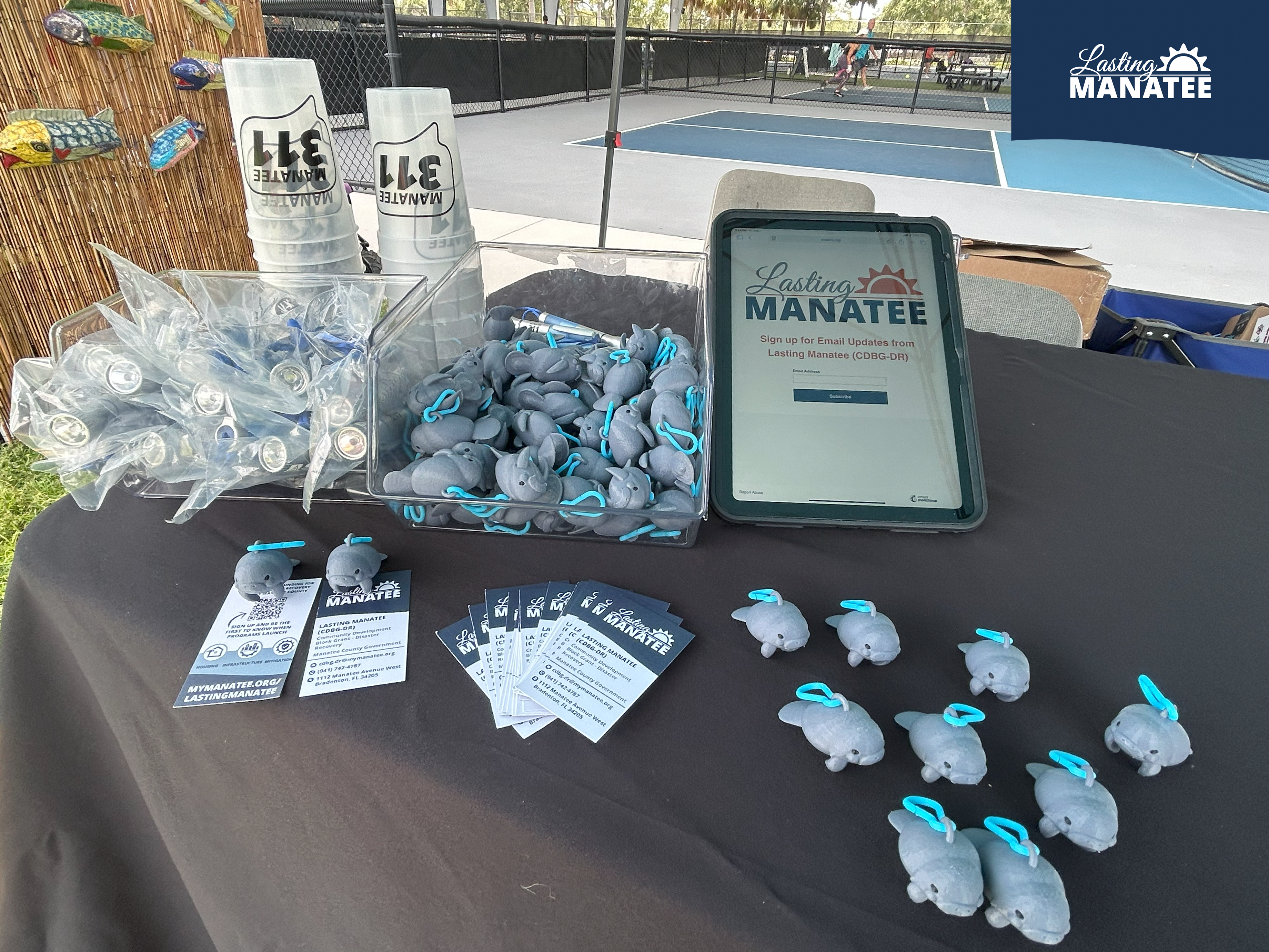 3-D Printed Manatee Toys, Flashlight Toys, and Lasting Manatee business cards on top of vendor table at G.T. Bray Park for Family Fun Night - August 1, 2025