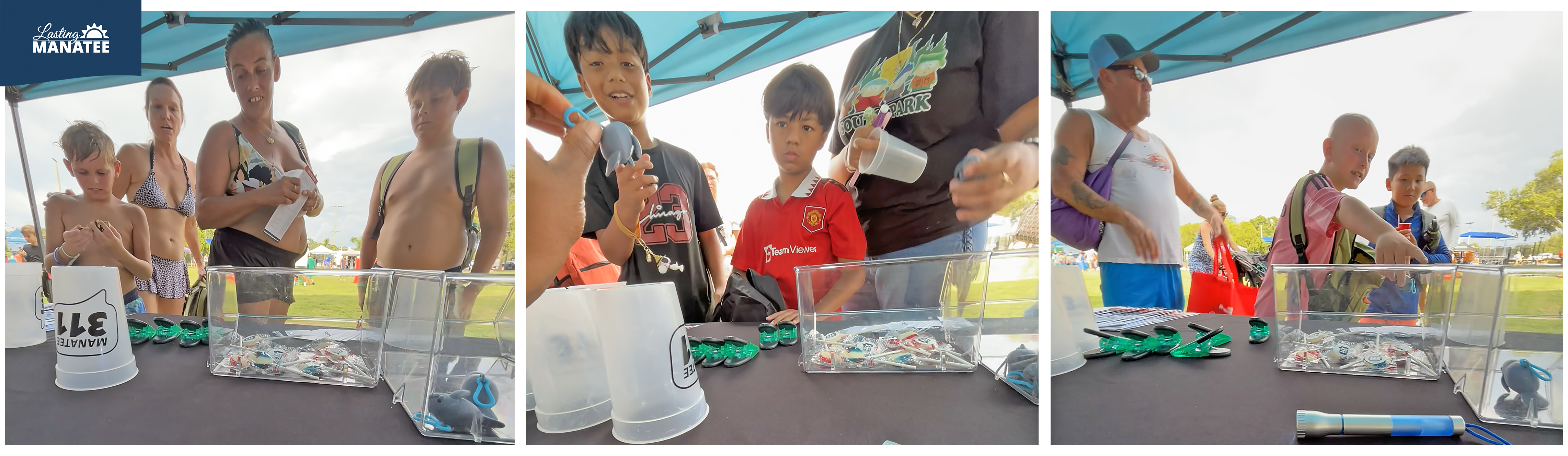 Families with children handling toys and pamphlets from vendor table at G.T. Bray Park for Family Fun Night - August 1, 2025