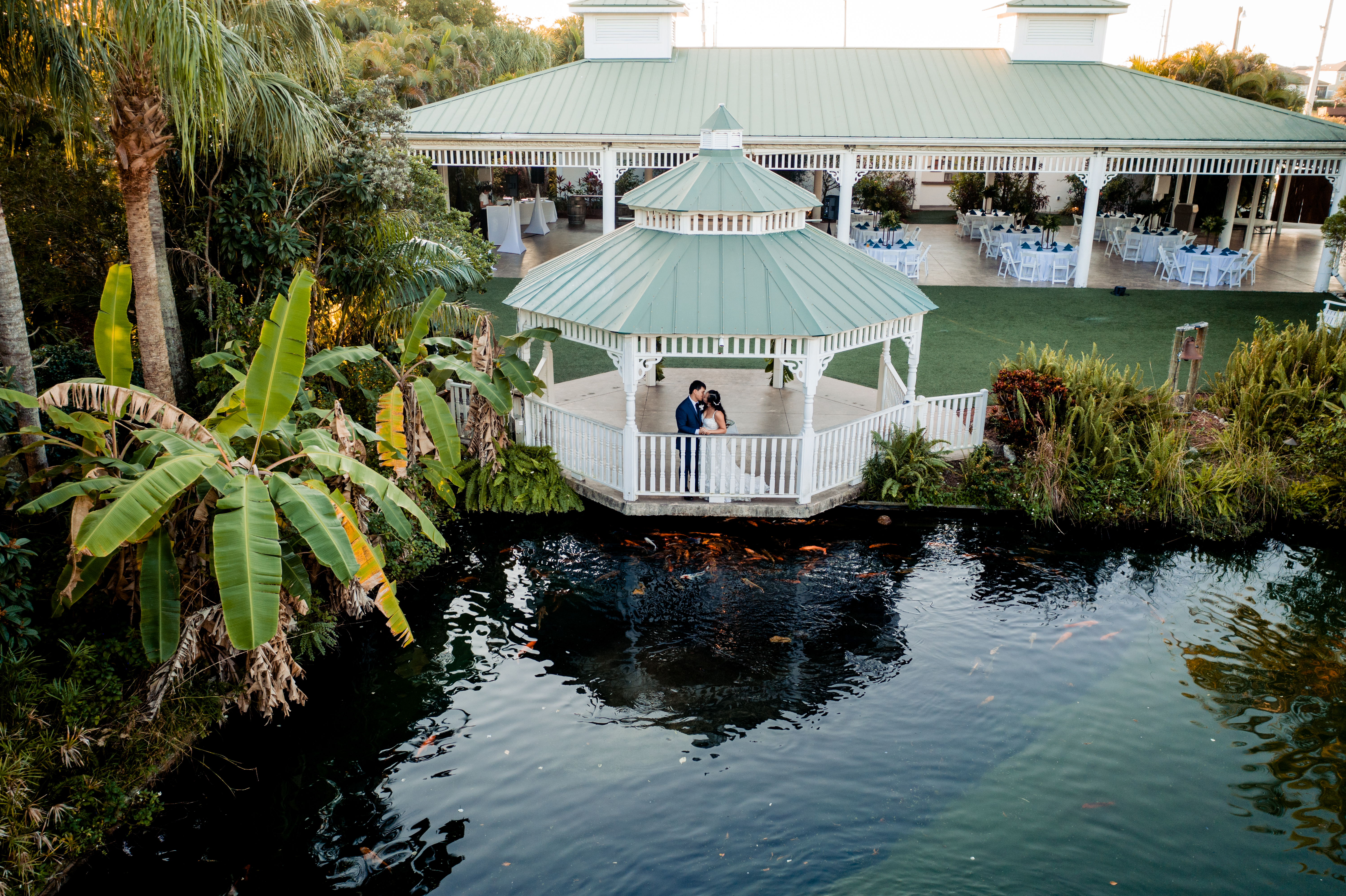 Couple kissing on gazebo