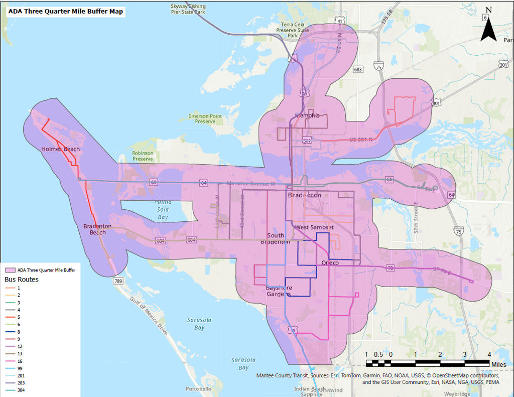 ADA transit area. The handy bus travels 3/4 of a mile outside the normal routes