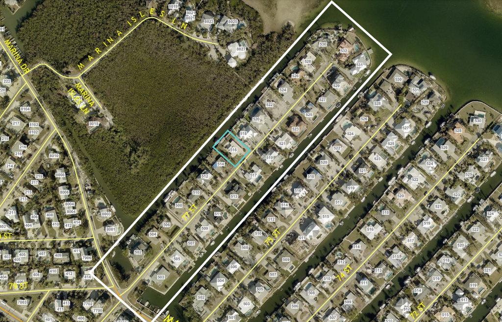 Map showing affected area outlined in white along 77th ST and Marina Dr. in Holmes Beach