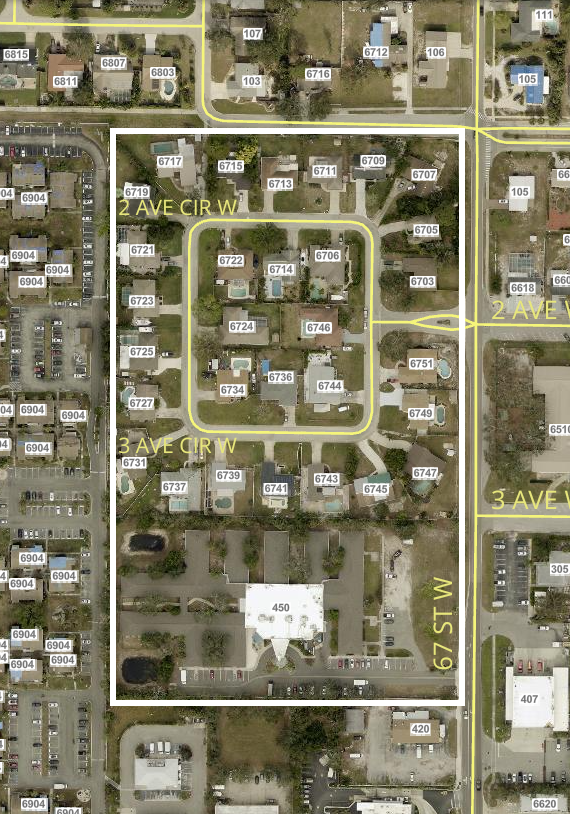 Map showing affected area outlined in white at WestBay Estates & 450 67th St W between 1st Ave NW and Manatee Ave W