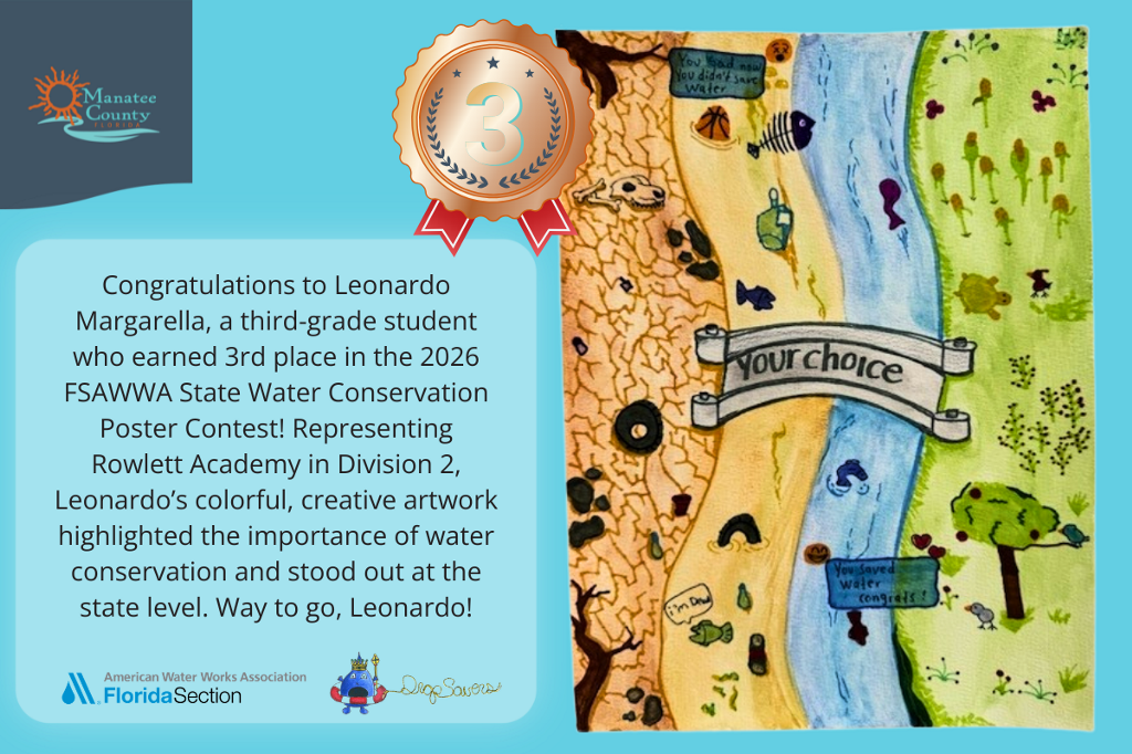Graphic honoring Leonardo Margarella, a third-grade student at Rowlett Academy, for earning third place in the 2026 FSAWWA State Water Conservation Poster Contest, featuring artwork contrasting dry land with a healthy, water-filled landscape.