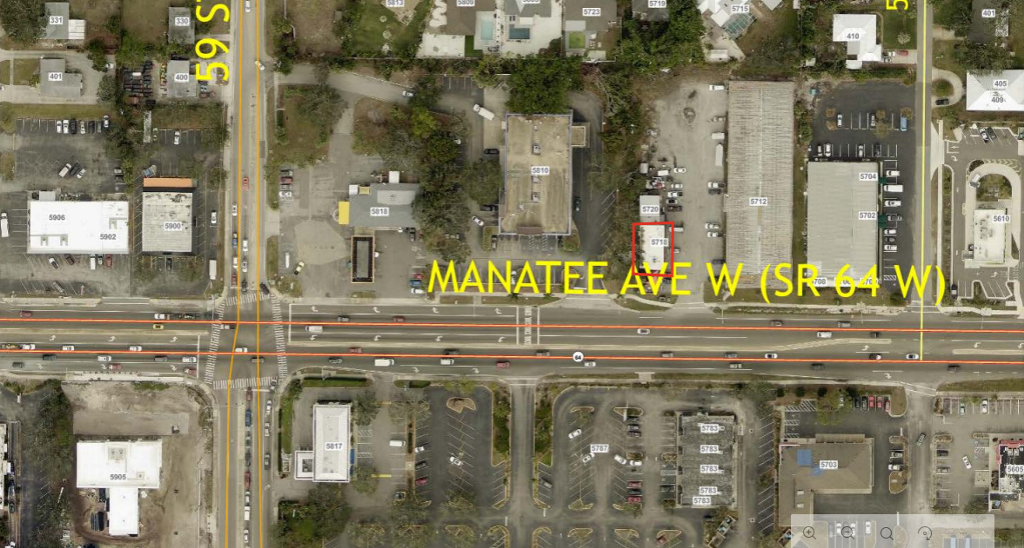 Map showing affected area outlined in red at 5718 Manatee Ave W (Pig Out BBQ), on the corner of Manatee Ave W and 57th St W.