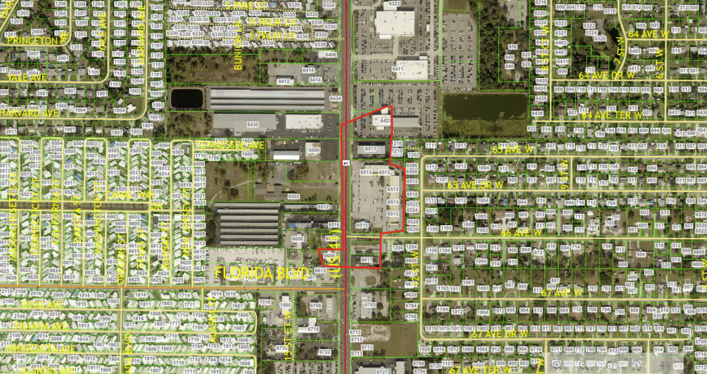 Map showing affected area outlined in red at 6423 14th St W – 6611 14th St W, north of Florida Blvd & east of 12th St W