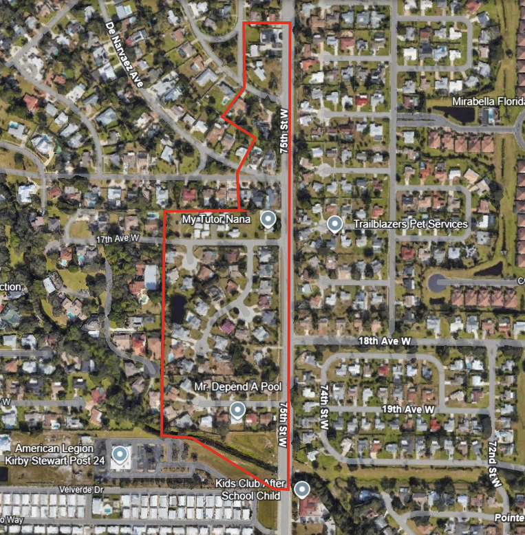 Map of Area Affected for 75th St Water Off Notice Map showing affected area outlined in red at 75th St. W. from 19th Ave. W. to Portosueno Ave.