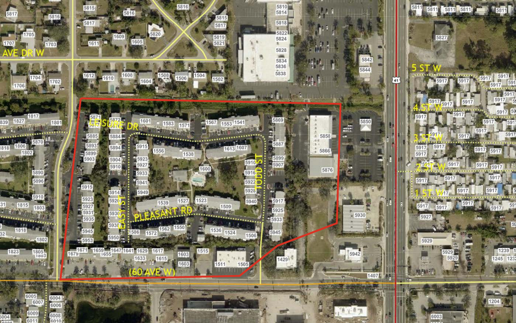 Map showing affected area outlined in red at Bayshore Gardens Condo Apts, and 5852-5880 14th St W, north of 60 Ave W & west of US41