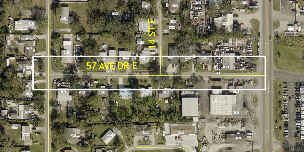 Map of Area Affected for Water Off 57th Ave Dr E Map showing affected area outlined in white at 57th Ave Dr E between 13th St E and 15th St E